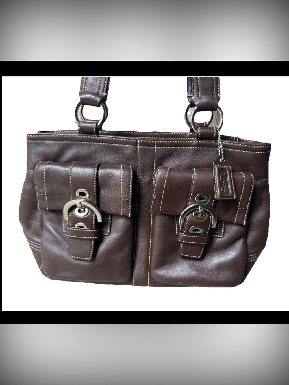 Vintage Coach Soho Brown Leather Double Buckle Pocket Shoulder Bag Y2K - Picture 4 of 12